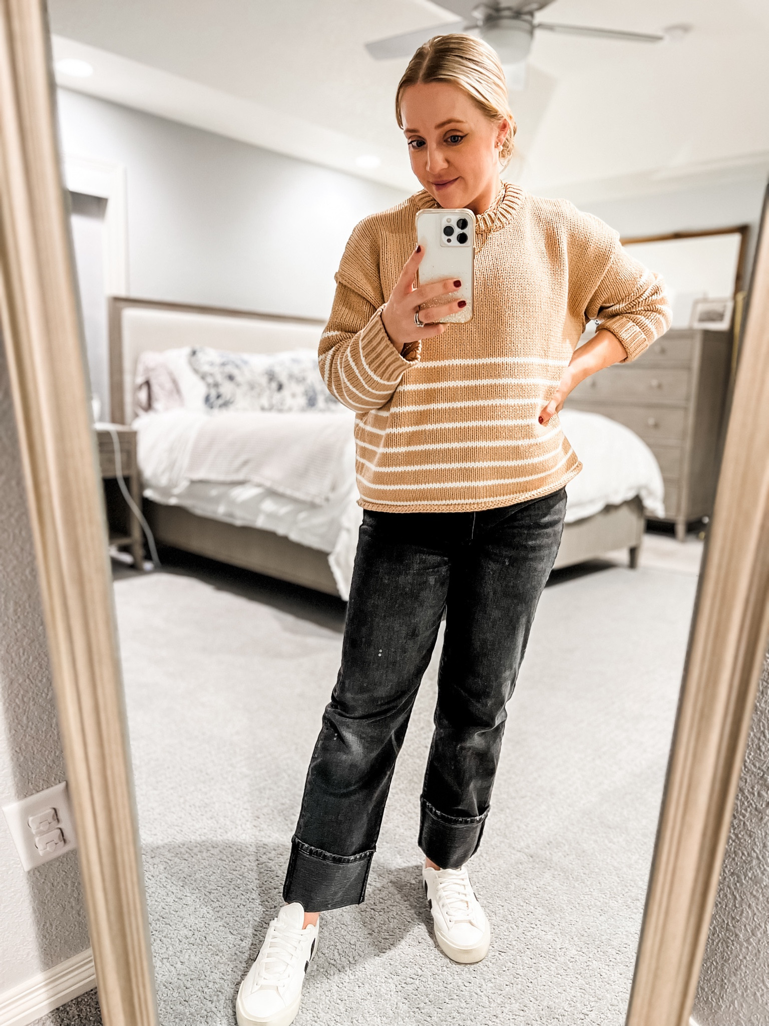 Cozy fall outfit featuring black boyfriend jeans, stripped sweater, and Veja sneakers. Similar jeans linked. Sweater and sneakers fit tts. 
Fall outfit, jeans, striped sweater, casual outfit, boyfriend jeans 

#LTKSaleAlert #LTKStyleTip #LTKFindsUnder100