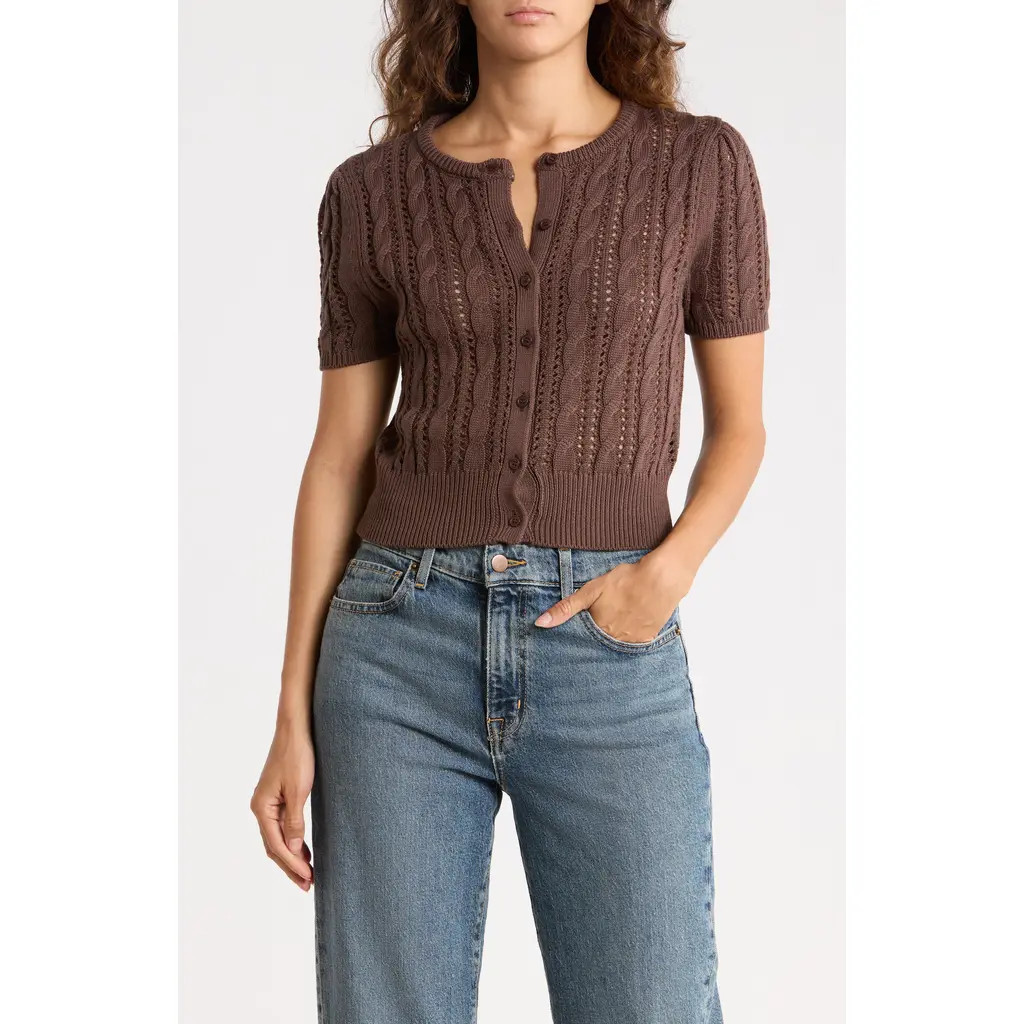 Vigoss Crop Pointelle Short Sleeve Cardigan in Java at Nordstrom Rack, Size Small | Nordstrom Rack