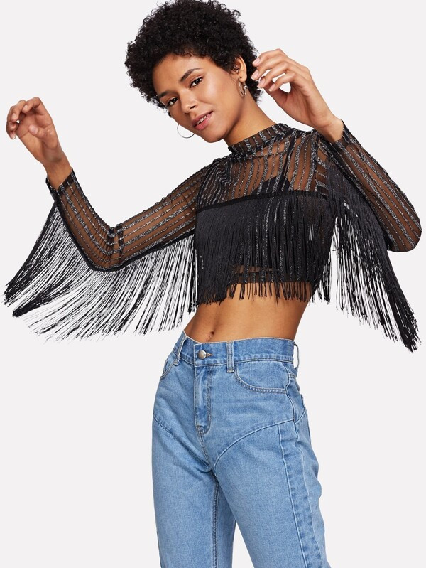 Top de malla a rayas con detalle de flecos | SHEIN