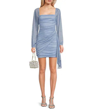 Long Sleeve Square Neck Ruched Drape Detail Dress | Dillard's