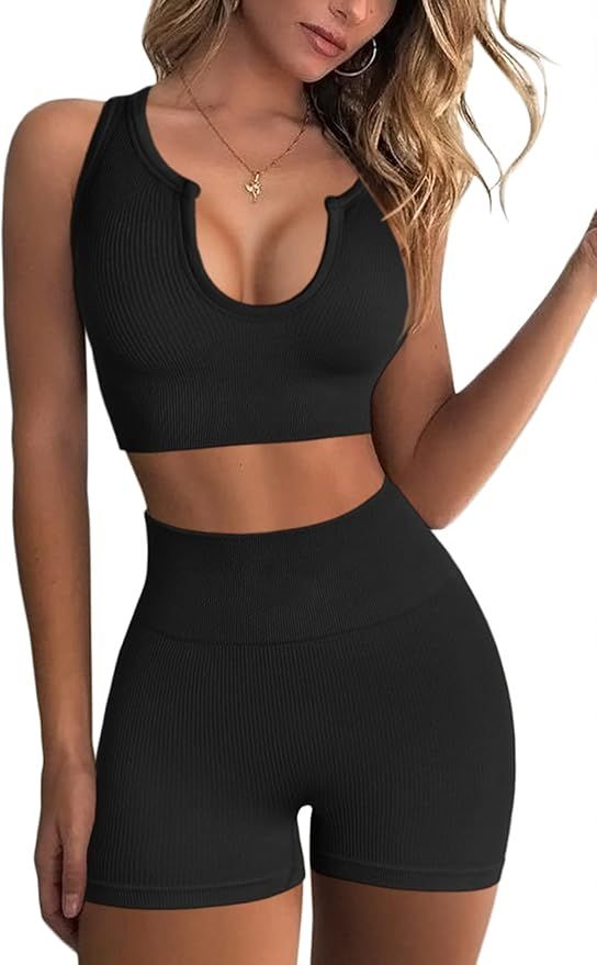 Amazon.com: FAFOFA Yoga Outfits for Women 2 Piece Set,Sexy Notch Neck Stretchy Sport Bra Booty Sh... | Amazon (US)