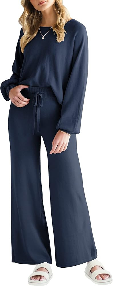 ANRABESS Women’s Two Piece Crop Top & Wide Leg Pants Lounge Sweater Sets 2024 Fall Knit Sweatsu... | Amazon (US)