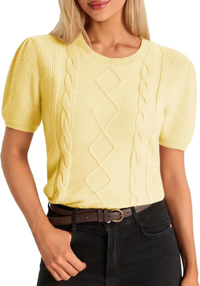 Cicy Bell Womens Puff Short Sleeve Sweater Tops Cable Knit Crew Neck 2026 Spring Shirts Lightweig... | Amazon (US)