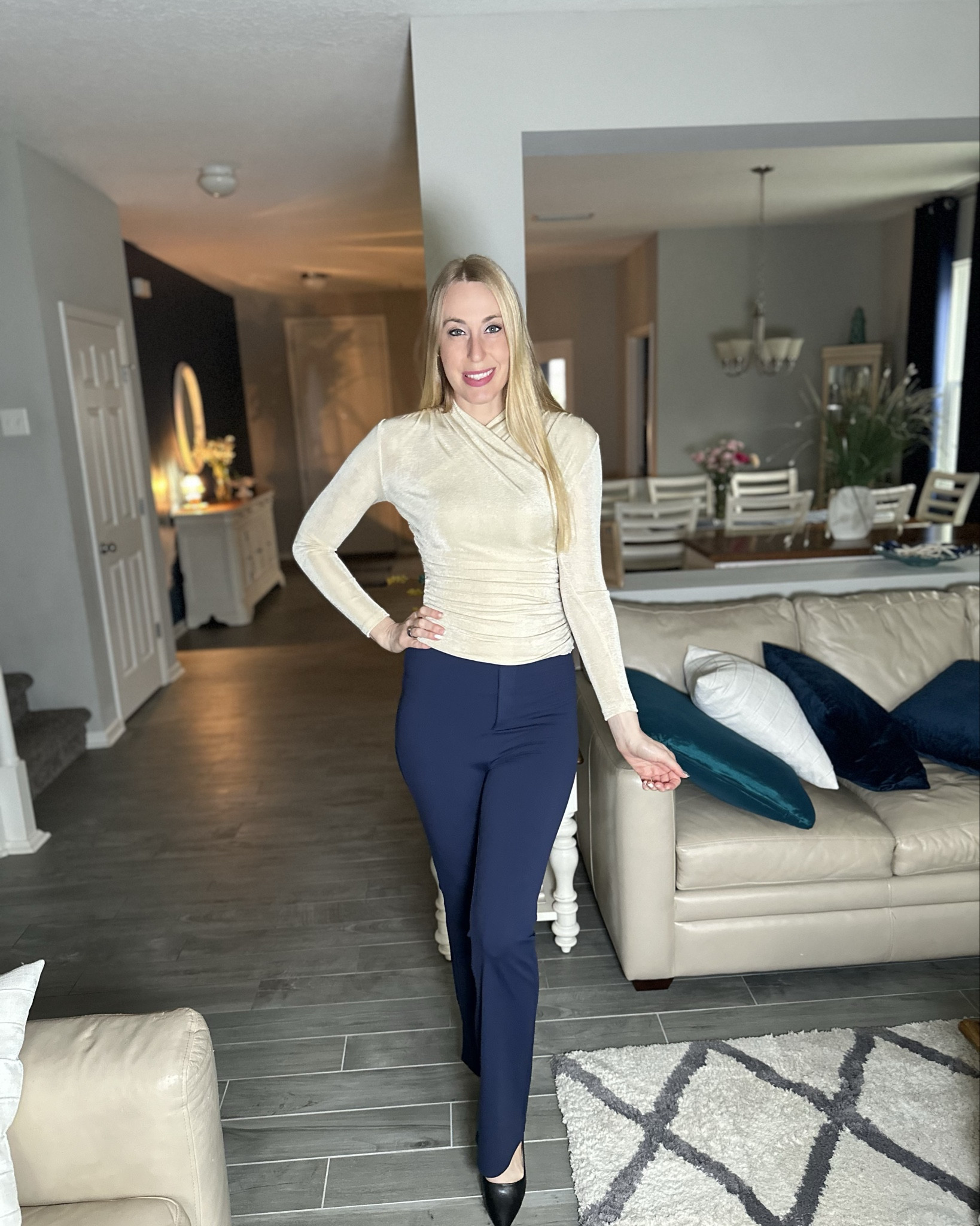 Stunning winter work outfit 
💓 the top is color Apricot, stretchy and very sophisticated plus it super cute and fitted- fits true to size 
💓 I absolutely love these pants. You can wear it with so many tops and they are stretchy, fitting so well 
💓 wearing small in both and they both fit true to size 

#LTKWorkwear #LTKStyleTip #LTKFindsUnder50