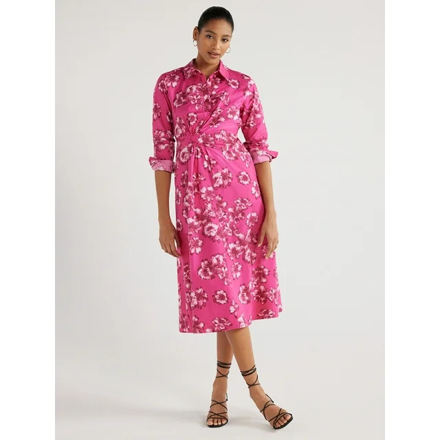 Scoop Women's Side Knot Poplin Midi Shirtdress, Sizes XS-XXL - Walmart.com | Walmart (US)