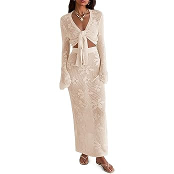 Saodimallsu Womens Crochet Swim Cover Up 2 Piece V Neck Long Sleeve Wrap Tie Crop Tops Beach Boho... | Amazon (US)