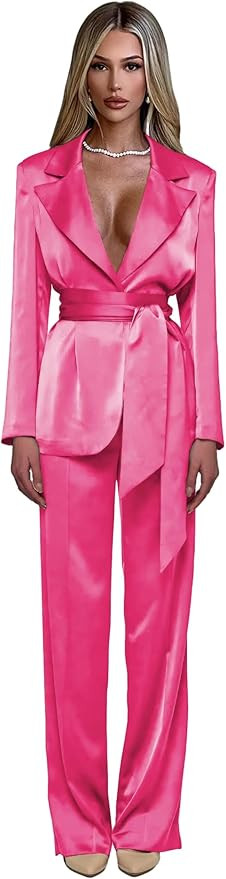 Silk Satin Pant Suits for Women with Belt 2 Piece Dressy Womens Suit Business Casual Womens Suits... | Amazon (US)