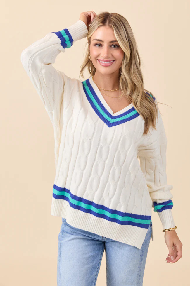 Paris Blue And Green Varsity Stripe Cable Knit V-neck Pullover SALE | Pink Lily