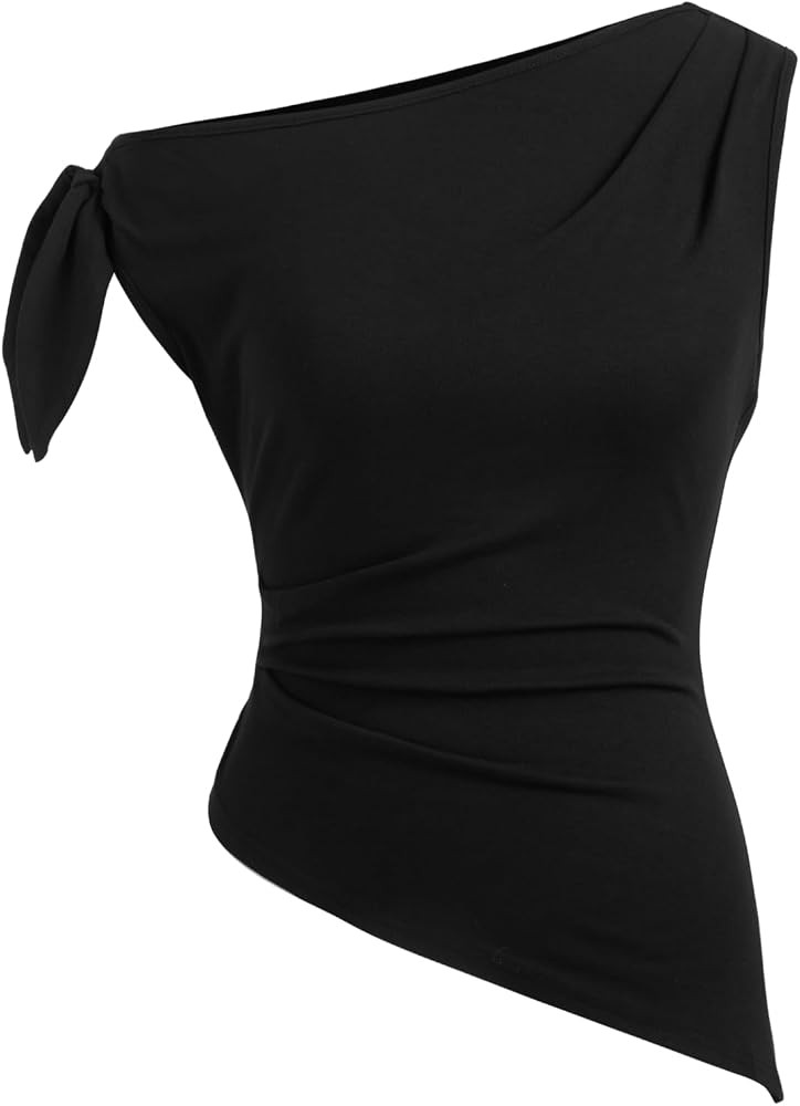 CIDER Off The Shoulder Tops for Women Sleeveless Going Out Bow Tie Front Asymmetrical Tank Tops C... | Amazon (US)