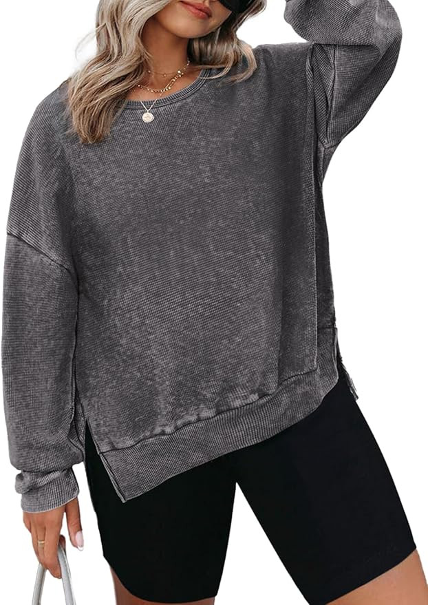 Eytino Womens Plus Size Sweatshirts Crewneck Waffle Knit Long Sleeve Side Slit Casual Pullover Sw... | Amazon (US)