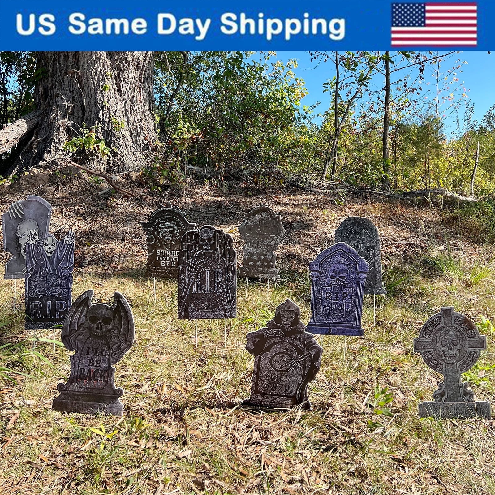 10Pcs Halloween Yard Signs Tombstone Yard w/ Stakes Gravestone Sign Outdoor Lawn Decor | Walmart (US)