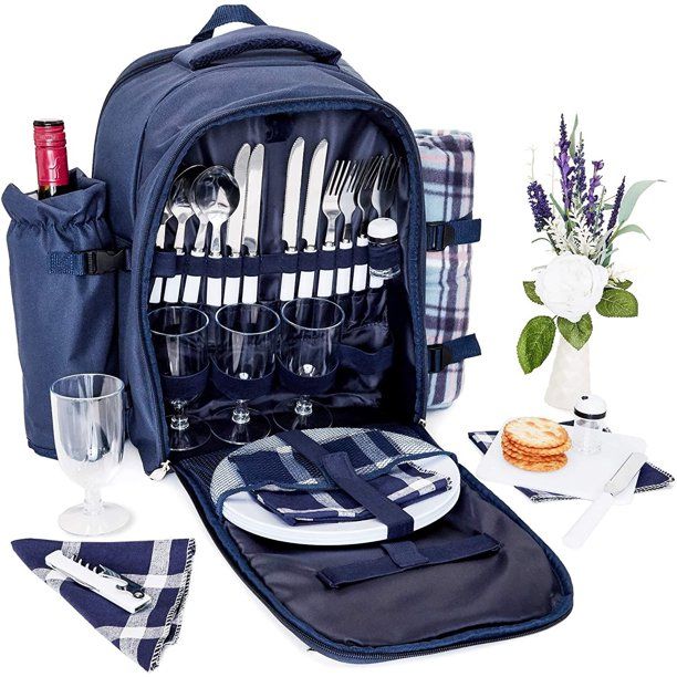 Set of 4 Picnic Basket Backpack with Insulated Cooler, Wine Bottle Holder, Blanket & Dinnerware f... | Walmart (US)