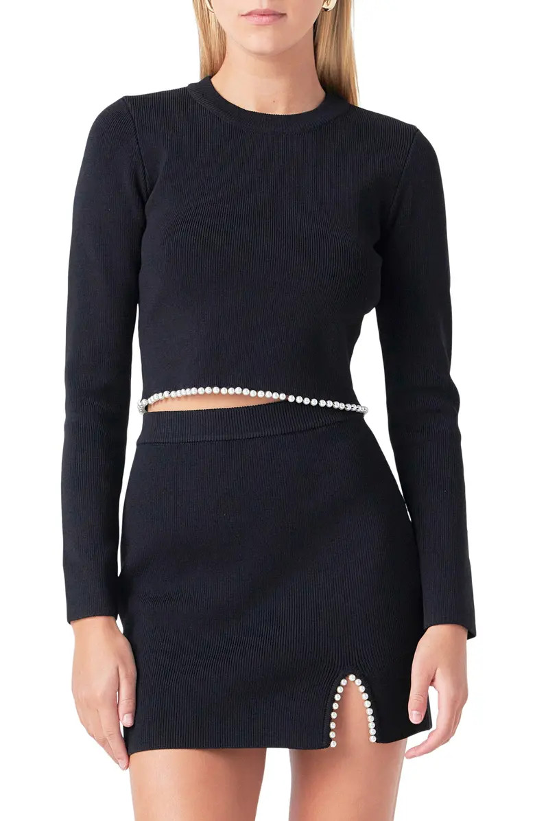 Endless Rose Imitation Pearl Trim Rib Crop Sweater | Nordstrom | Nordstrom