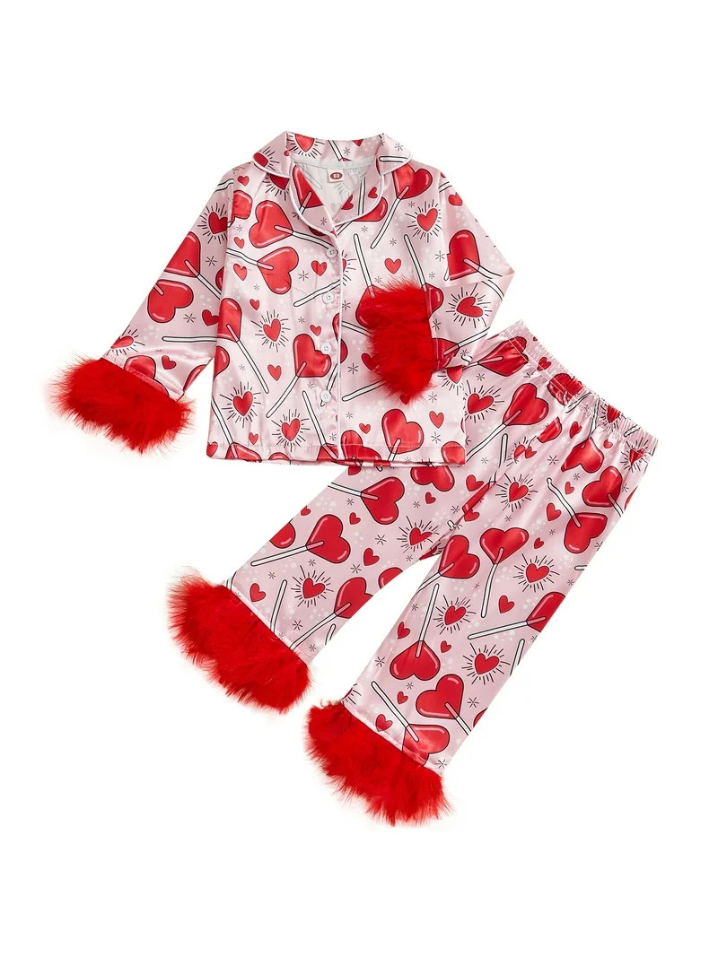 Kids Girls Valentine's Day Pajamas Set Heart Print Long Sleeve Shirts Pants 2 Pieces Fur Trim Lou... | Walmart (US)