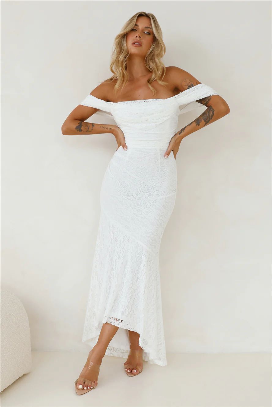 One To Want Off Shoulder Lace Maxi Dress White | Hello Molly