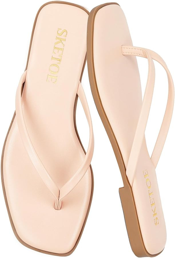 Flip Flops for Women Square Toe Flat Sandals for Women Comfortable Thong Sandals Leather Flip Flo... | Amazon (US)