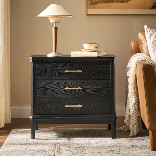 HULALA HOME Solid Wood End Table with Metal Handles, 3 Drawer Storage End Table with Charging Sta... | Amazon (US)