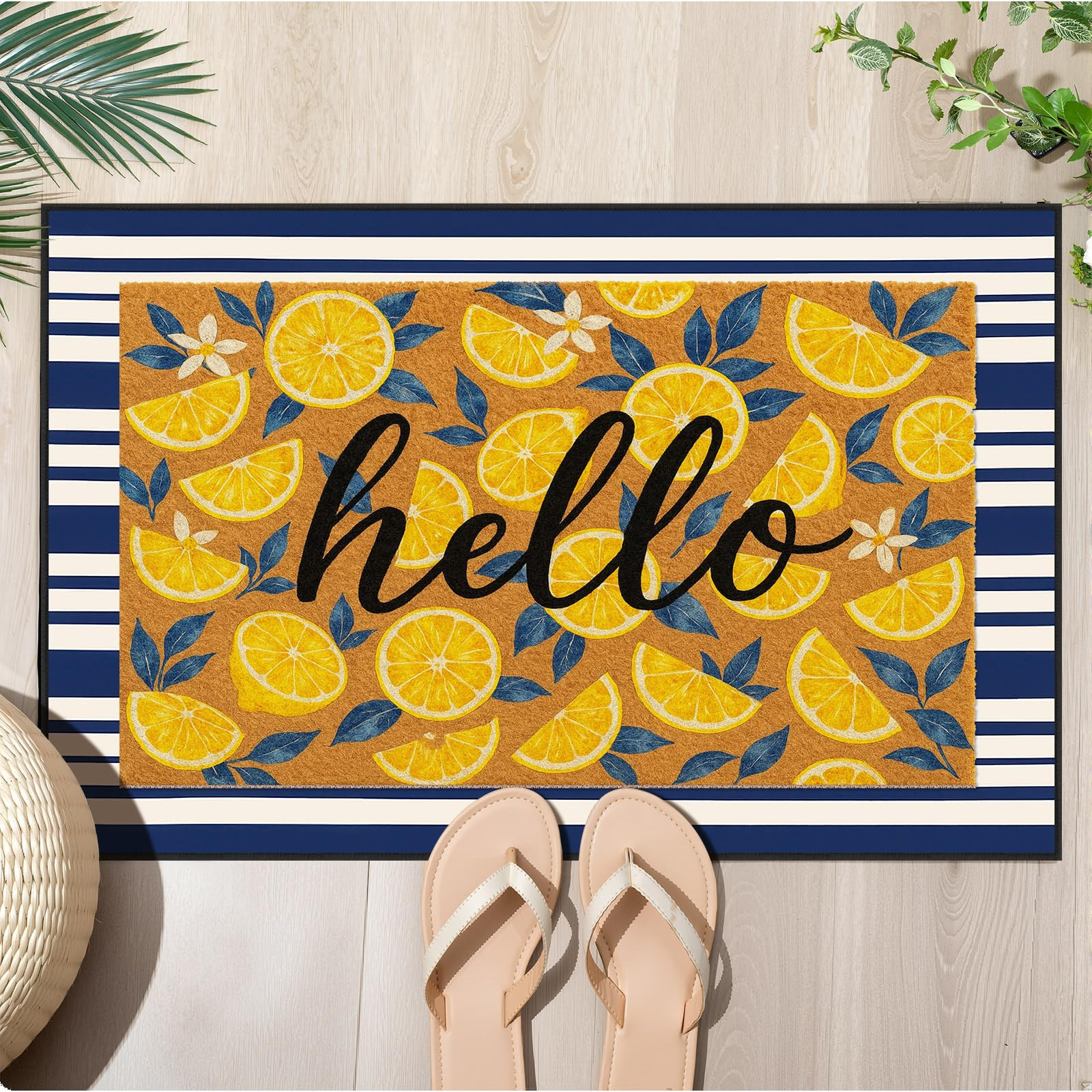 Timgle 2 Pcs Lemons Doormat Set 18" x 30" Hello Lemon Outdoor Rug and 24" x 35" Navy White Stripe... | Amazon (US)