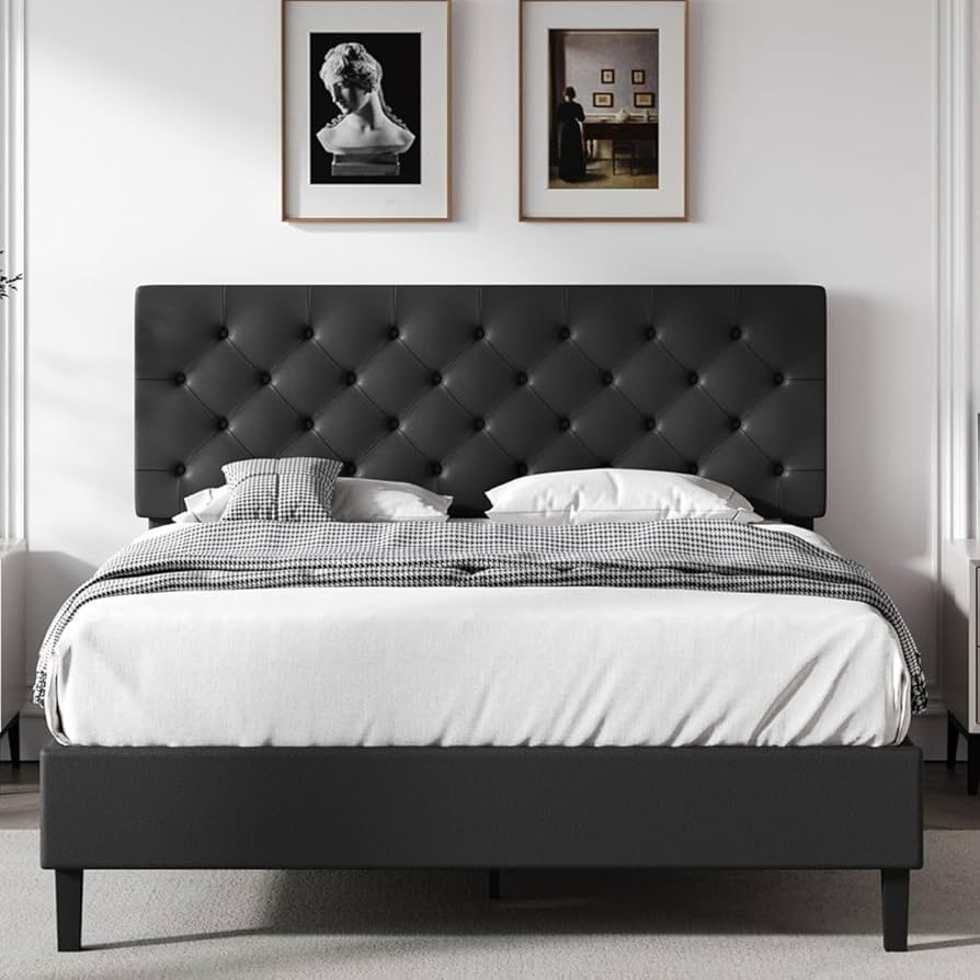 Upholstered Queen Size Bed Frame with Headboard, Black Bed Frame, Platform Bed with Button Tufted... | Amazon (US)