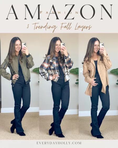3 Trending fall fashion layers from Amazon perfect for fall photo's, date night, everyday... Cropped plaid shacket small, bomber jacket small, corduroy shacket small. Paired with my favorite tanks size xs,comes in a 2 pack long and lean. Jeans 0 short. linking similar boots #ltk fall Fall outfits | fall trends | fall fashion | pumpkin patch | denim trends | petite denim

#LTKstyletip #LTKSeasonal #LTKover40