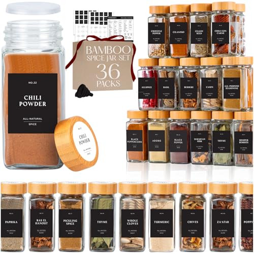 FINESSY Bamboo Glass Spice Jars with Label Lids 36 Pack 4 oz, Spice Containers with Labels, Glass Seasoning Jars with Labels, Spice Bottles Empty Glass with Labels, Seasoning Containers with Labels | Amazon (US)