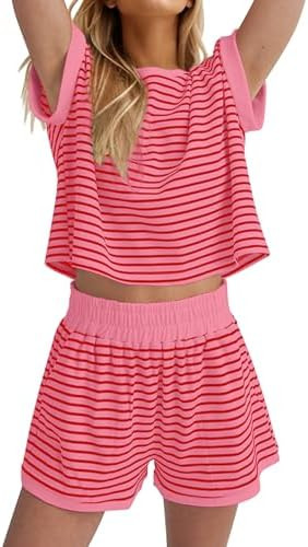 MISSACTIVER 2 Piece Lounge Set Women Stripe Knit Short Sleeve Tee Shirts Shorts Casual Summer Lou... | Amazon (US)
