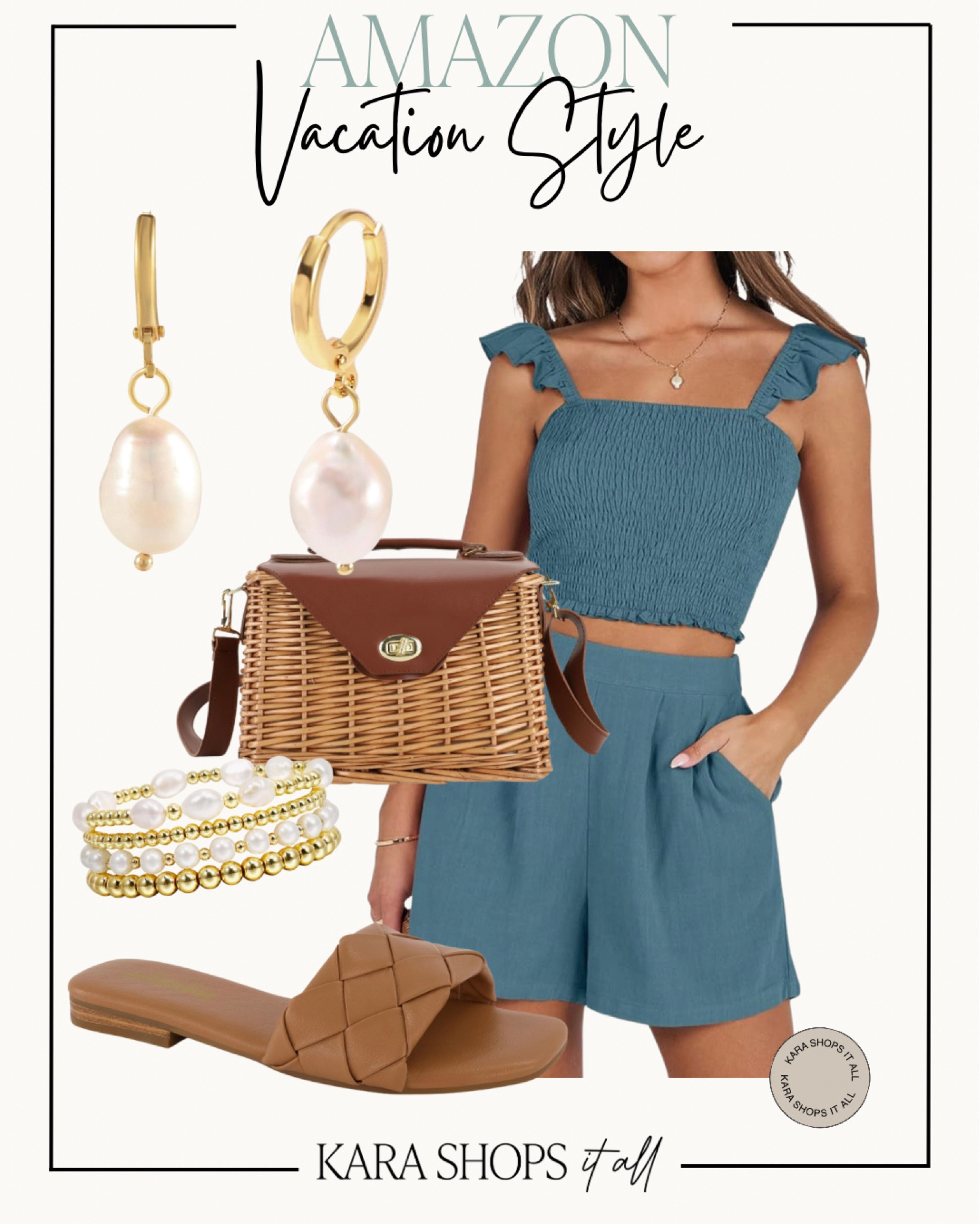 Vacation style! Shop the best Vacation outfit from Amazon! This blue beach set, gold pearl earrings, brown sandals, and a straw purse! Love this Amazon look! #Amazonstyle #Amazonvacation #Amazonbeach

#LTKSeasonal #LTKstyletip #LTKsalealert