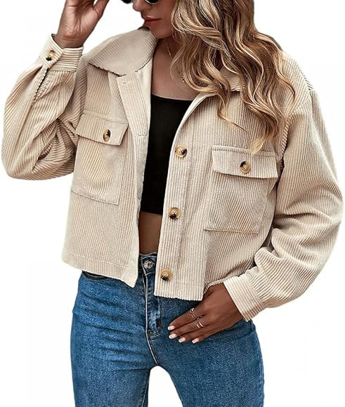 Womens Casual Corduroy Jackets Long Sleeve Button Down Cropped Shirts Flap Pocket Shacket Coat | Amazon (CA)