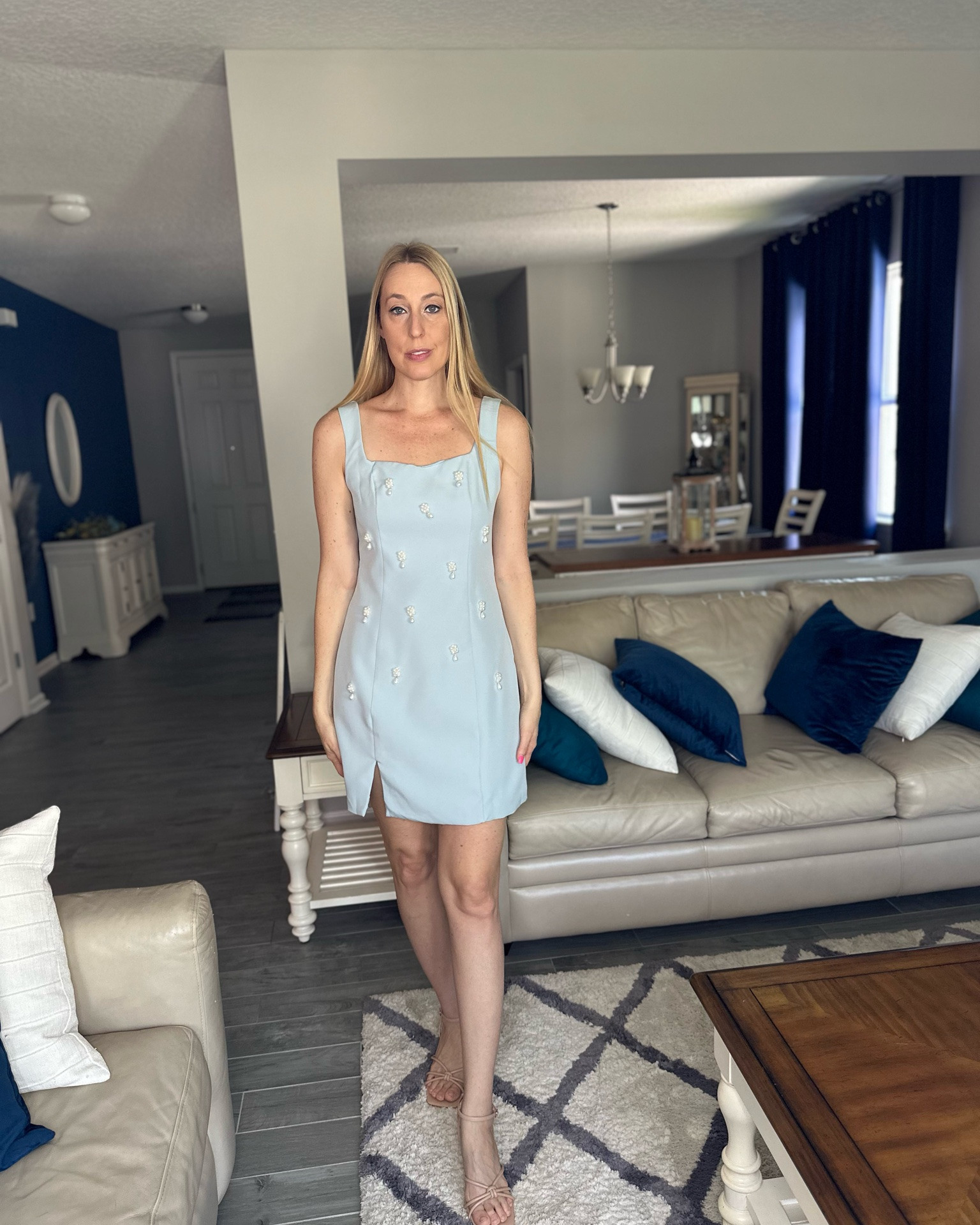 Light blue with pearl accent mini dress 
💙 I will be wearing this to my classy events this summer - boys baby shower 
💙 no stretch but fits slightly loose
💙wearing small in it, fits true to size and I am 5’10”