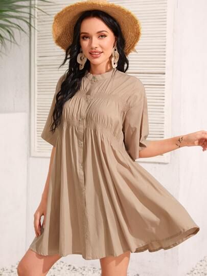 Solid Button Through Babydoll Dress | SHEIN