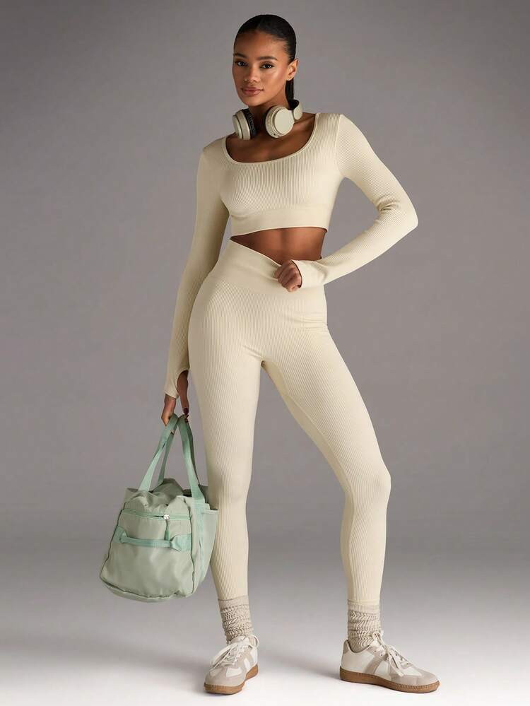 SHEIN BAE Women's Solid Color Minimalist Daily Long Sleeve Top And Pants Seamless High Stretch Sports Set | SHEIN