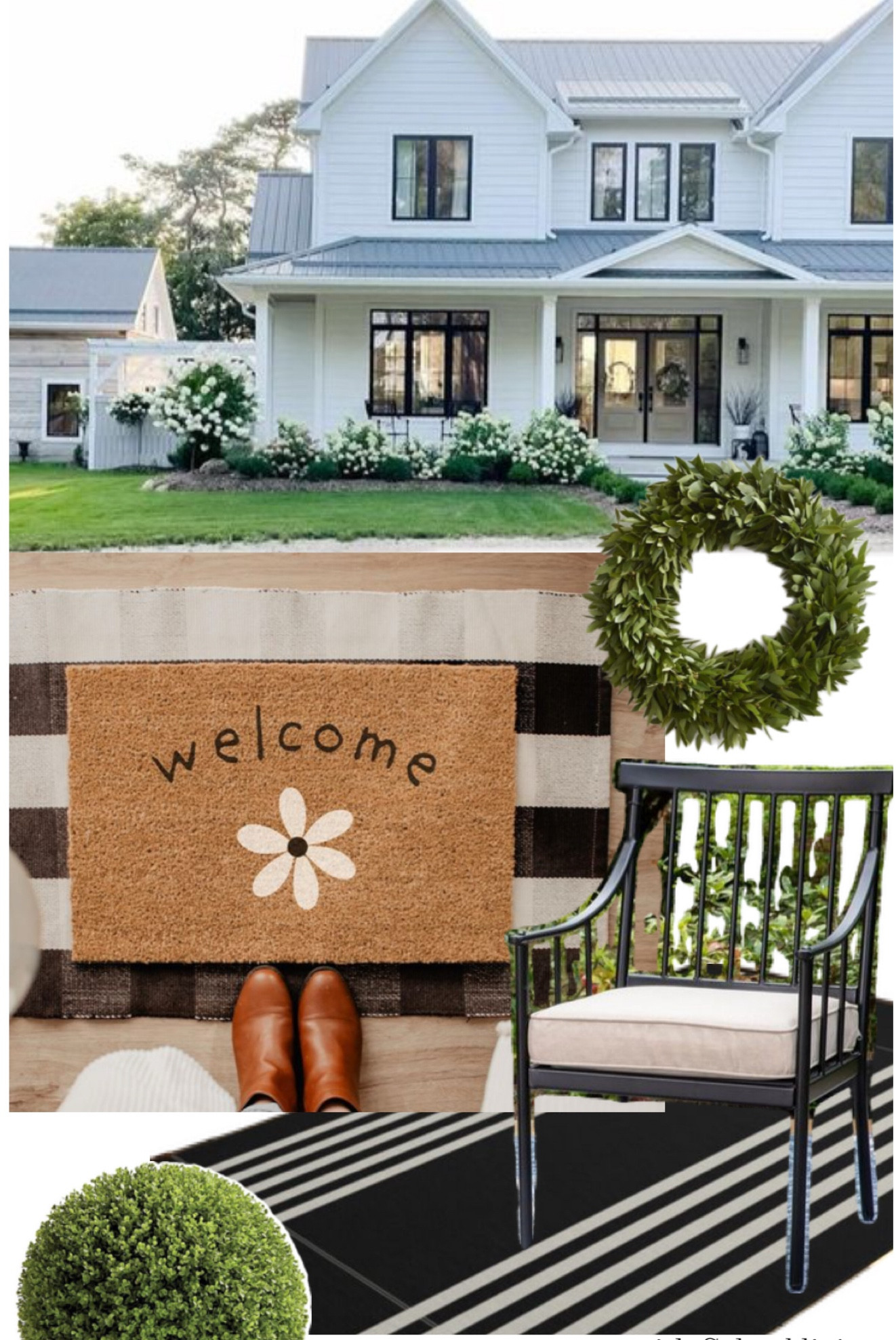 MODERN FARMHOUSE FRONT PORCH DECOR 
.
Add a sweet daisy welcome coir rug and a striped outdoor rug ….along with iron chairs, wreaths and boxwood 🤍

#LTKfamily #LTKgiftguide #LTKstyletip