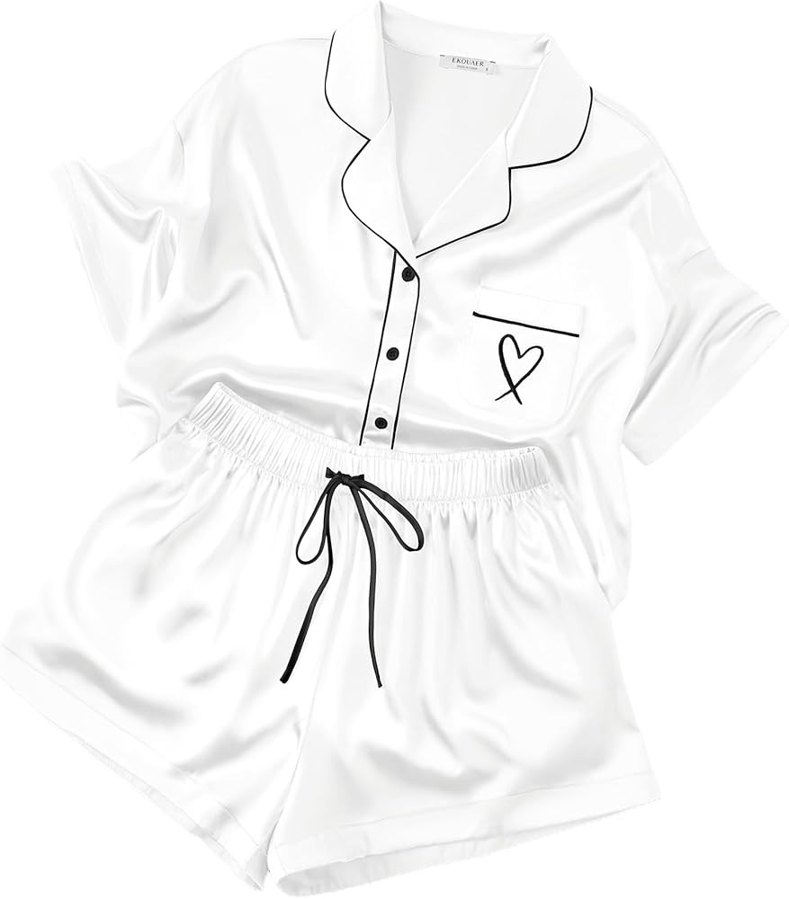 Ekouaer Womens Silk Satin Pajama Set, 2 Piece Heart Embroidery Short Sleeve Button Down Pjs Set f... | Amazon (US)