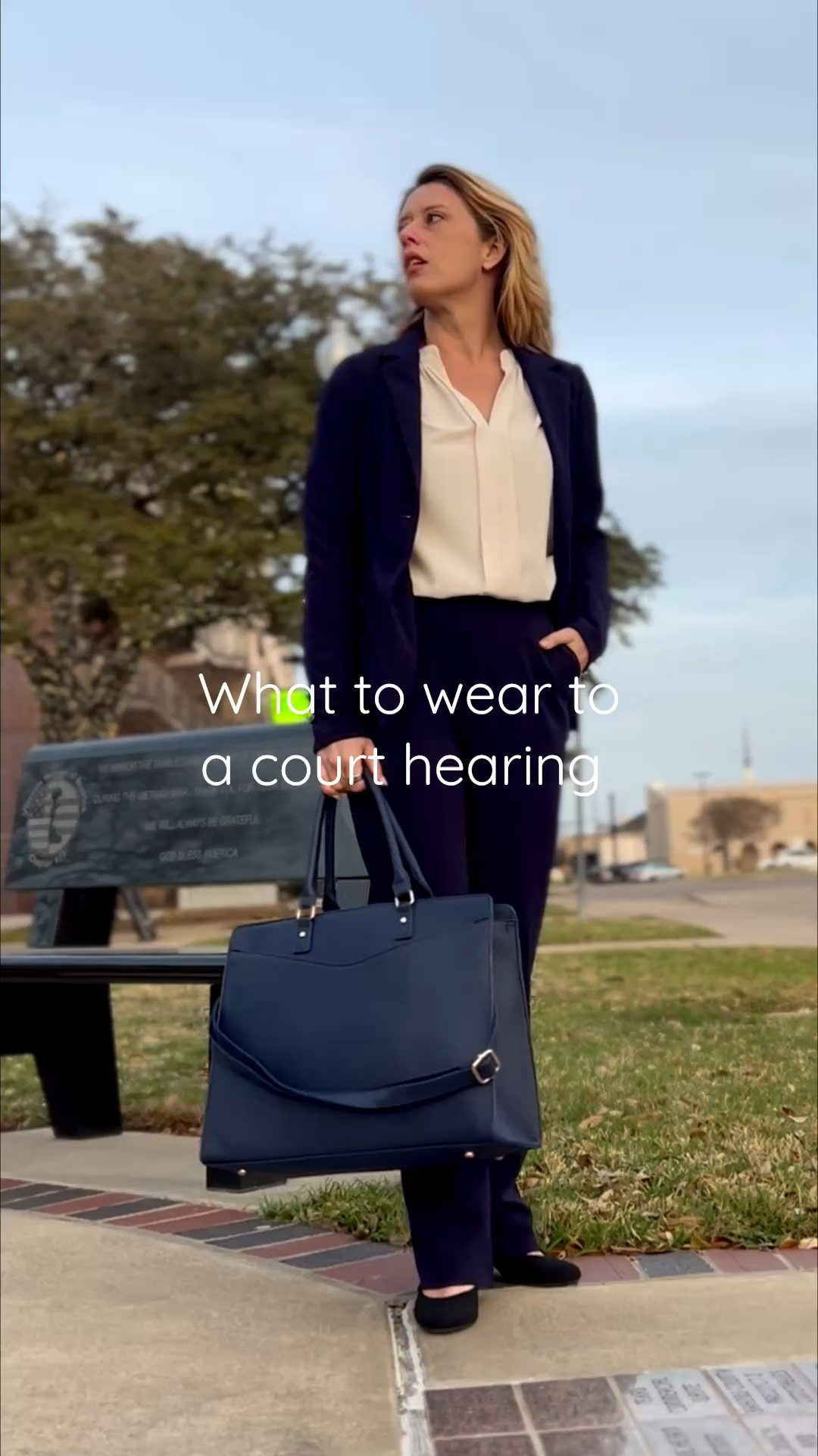 This is the exact outfit I wore to my court hearings for divorce when I represented myself as Pro Se without a lawyer.

A $50 suit that was not too tight
Ivory blouse
Navy bag 
Black low heeled almond shape pumps
Tiny pearl earrings
Basic neutral makeup 
Straight hair

Everything is linked below. Order two suits and then send whichever one doesn’t fit back.

Choose navy, dark gray or black.

Ivory or white blouse.

#LTKOver40 #LTKSaleAlert #LTKWorkwear