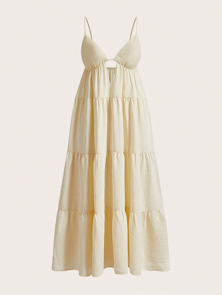 evoluSHEIN Women Solid Color Spaghetti Strap Hollow Out Ruffle Hem Summer Sundress | SHEIN