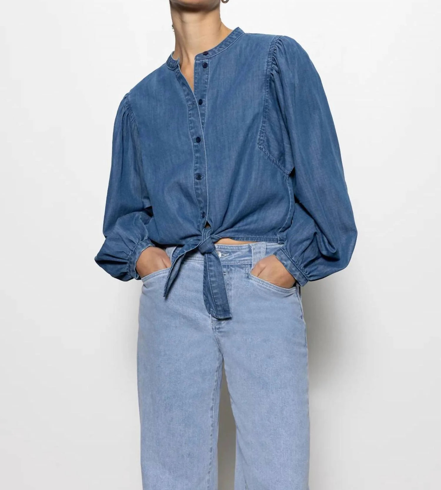Tie Front Volume Blouse In Blue Slate | Shop Simon