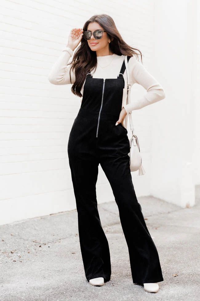 Perfect For You Black Corded Zip Up Overalls | Pink Lily