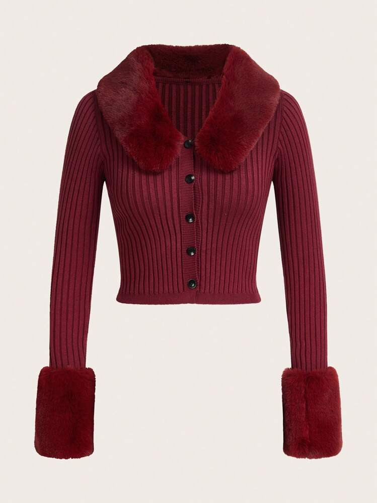SHEIN ICON Borg Collar Fuzzy Cuff Tight Cut Black Long Sleeves Cardigan,Long Sleeve Tops | SHEIN