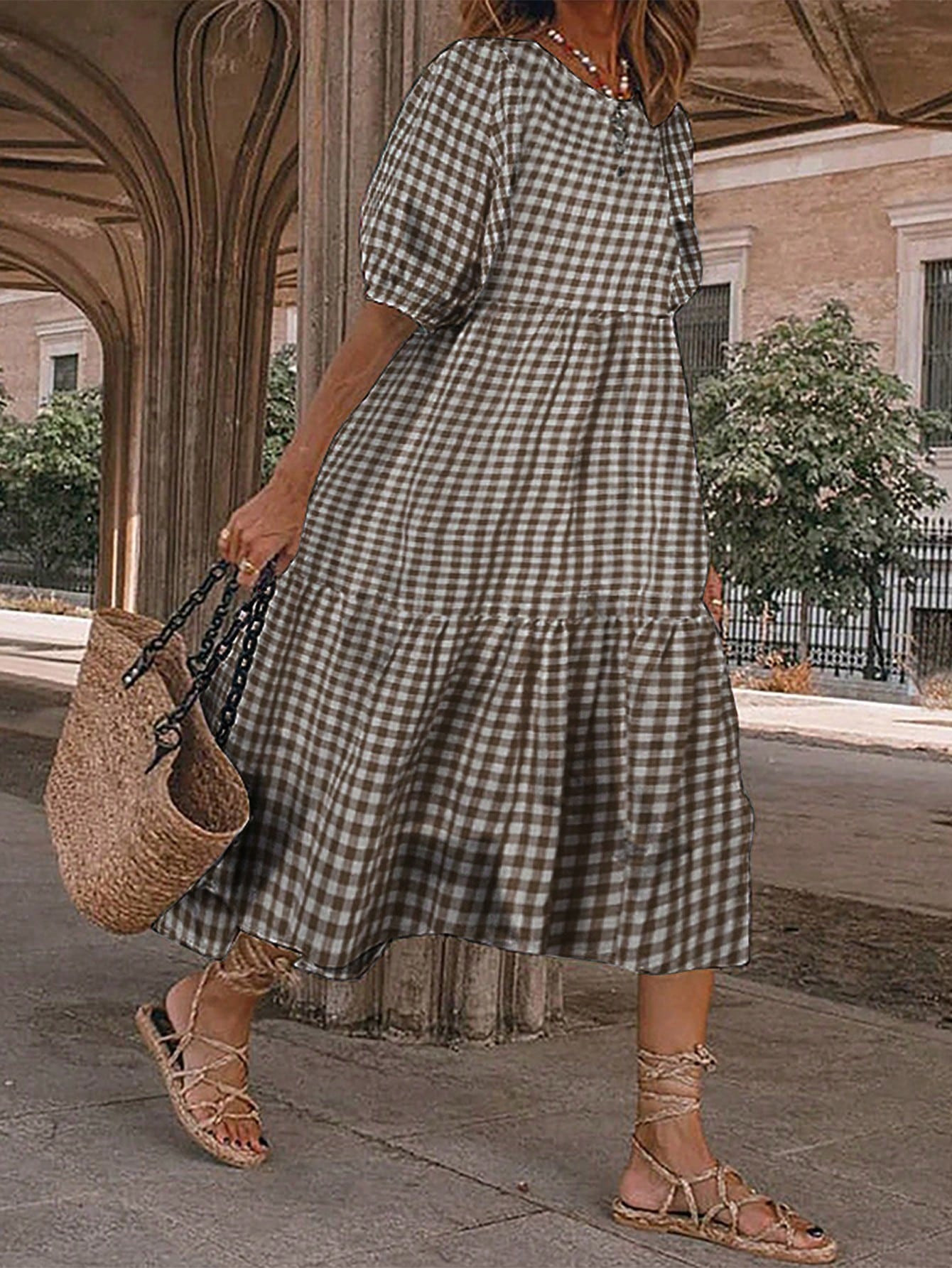 SHEIN VCAY Women Fashion Plaid Round Neck Short Sleeve Puff Sleeve Ruffle Trim Elegant Dress | SHEIN