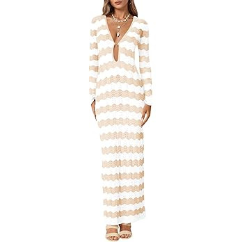 Saodimallsu Womens Crochet Summer Maxi Dress Striped Sexy Cut Out V Neck Long Sleeve Knit Cover U... | Amazon (US)