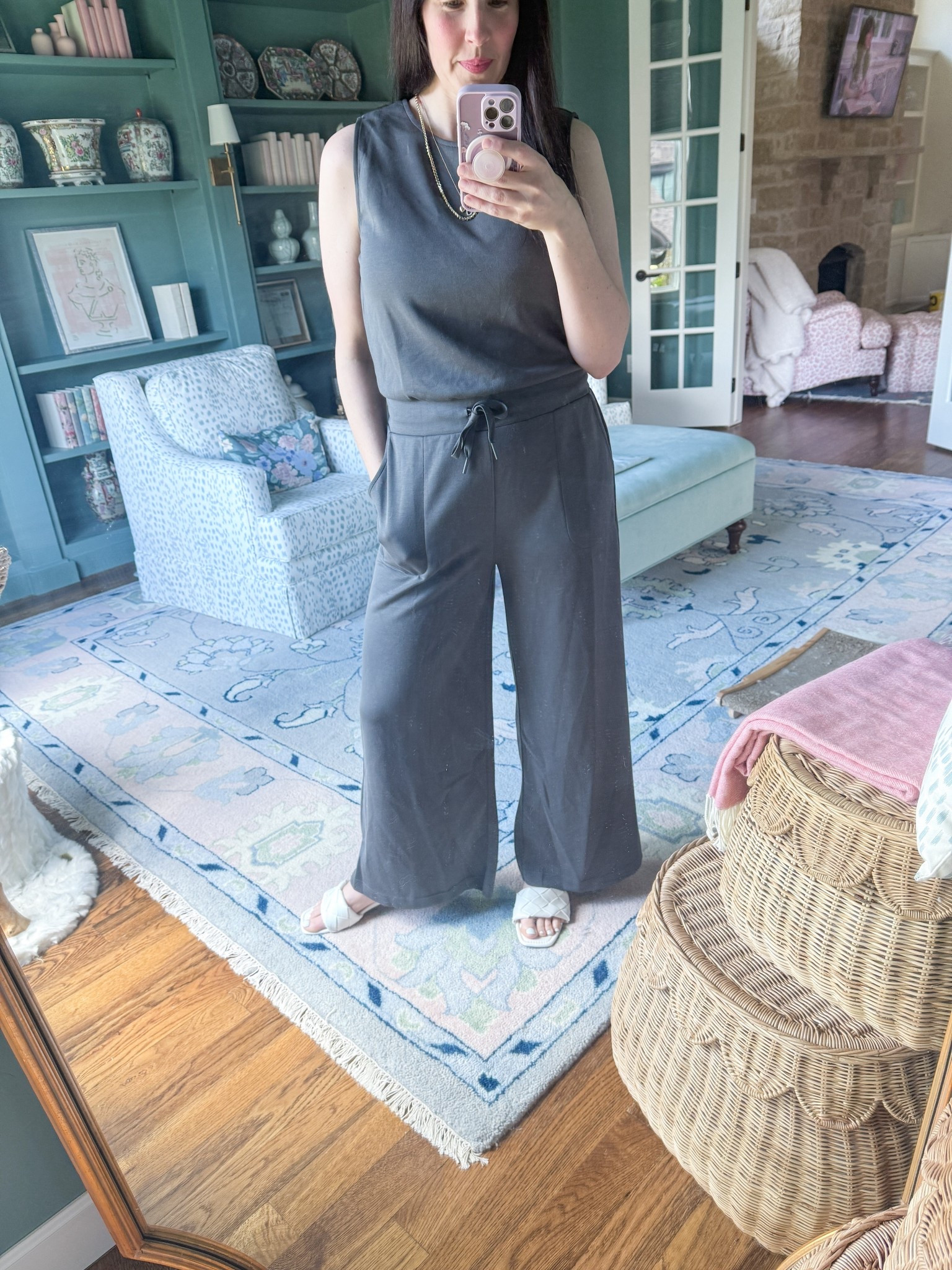 Mole gray jumpsuit, white sandals 

#HOCWinter

#LTKOver40 #LTKFindsUnder100