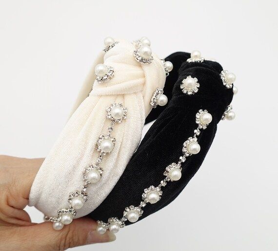 pearl rhinestone headband flower knotted velvet womens hairband accessory | Etsy (US)