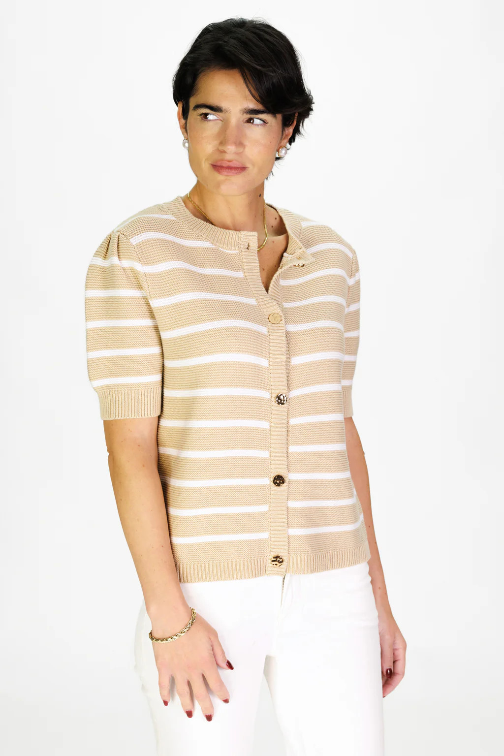 Puff Sleeve Cardigan in Tan & White Stripe | Duffield Lane