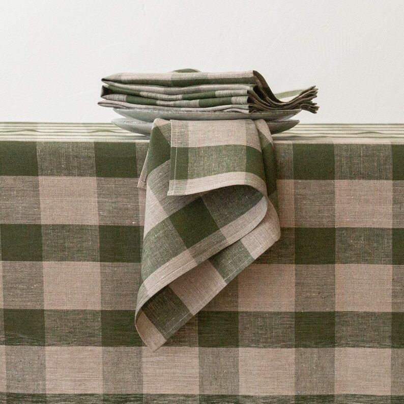 Large Check Washed Linen Tablecloth in Natural Green Check. | Etsy UK | Etsy (UK)