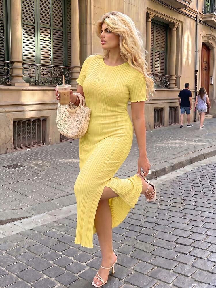 Dripcurv Plus-Size Women's Elegant Long Yellow Knit Dress, Stretchy And Comfortable, Retro And Si... | SHEIN