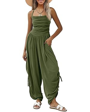 Fisoew Womens Casual Jumpsuits Summer Halter Straps Sleeveless Overalls Ruched Barrel Wide Leg Si... | Amazon (US)