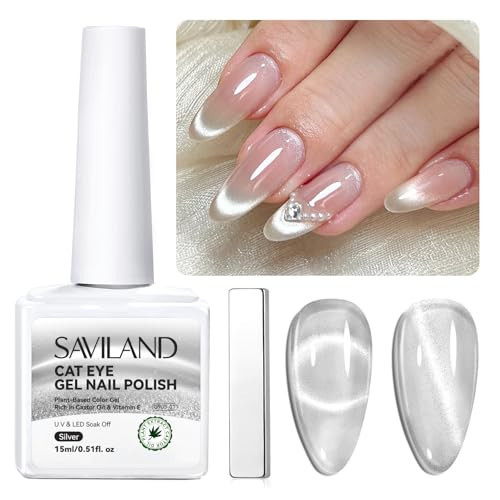 SAVILAND 15ml Glitter Silver Cat Eye Gel Nail Polish Castor Oil Vitamin E: Cateye Gel Polish Soak Off U V LED Nail Lamp Reflective Shining Magnetic Gel Nail Polish Nail Art Magnet Home DIY Nail Salon | Amazon (US)