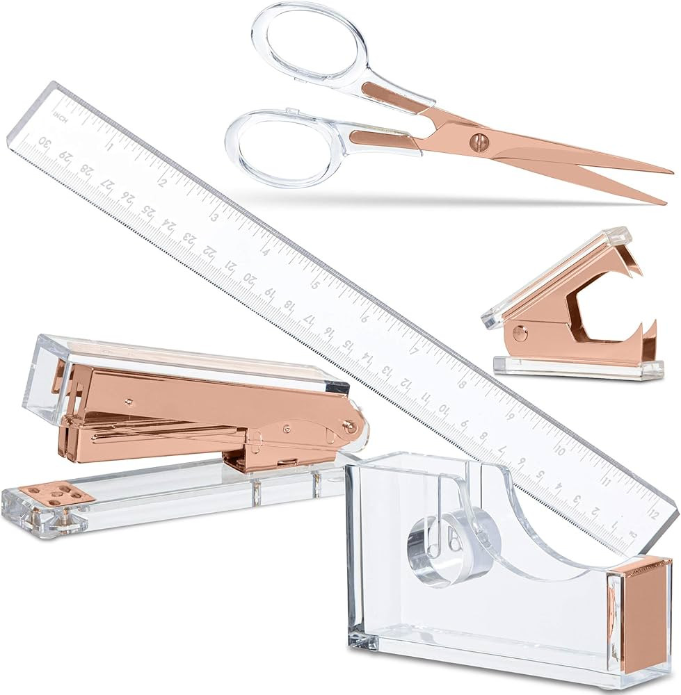 Rose Gold Acrylic Lucite Bundle | Premium Stapler, Tape Dispenser, Scissors, Staple Remover, & Ru... | Amazon (US)