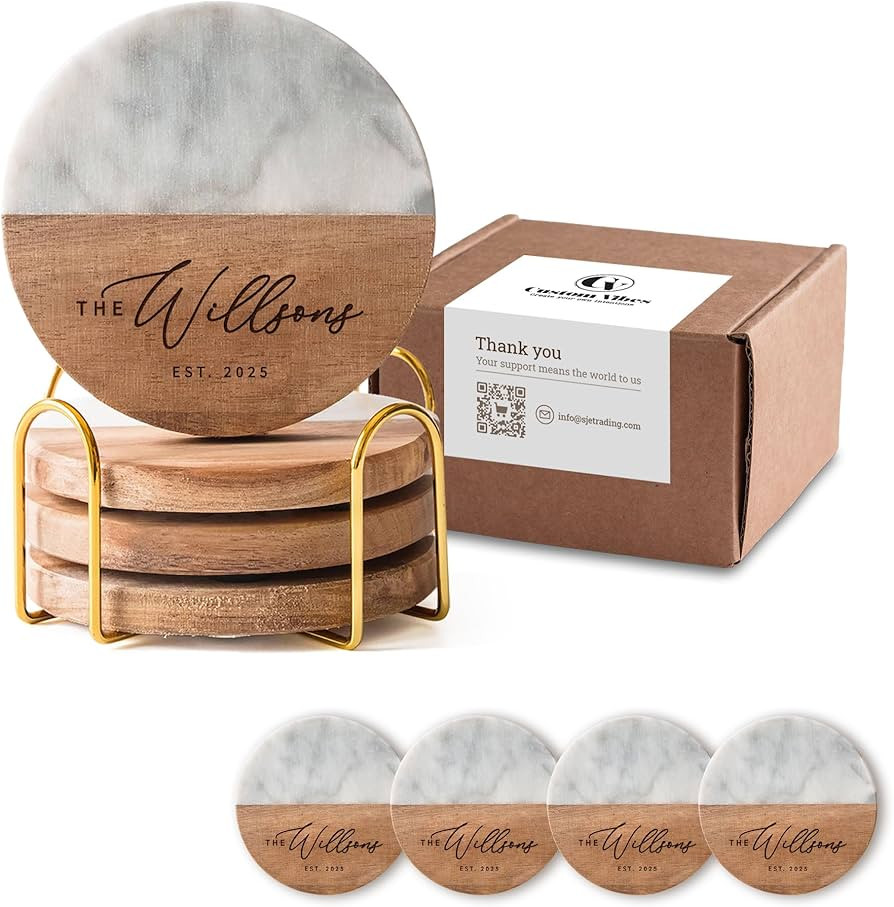 Personalized Marble and Wood Coasters (Bianco) – Handcrafted Design, Gift-Ready Packaging, Cust... | Amazon (US)