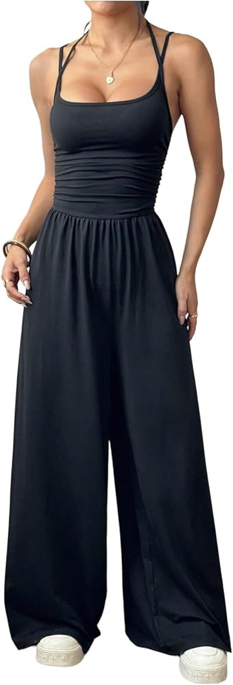 Floerns Women's Summer Jumpsuit Spaghetti Strap One Piece Outfit Wide Leg Baggy Pants Romper | Amazon (US)